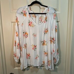 Old Navy Printed Ruffle Split Neck Blouse Top White Pink Floral Plus Size 3X